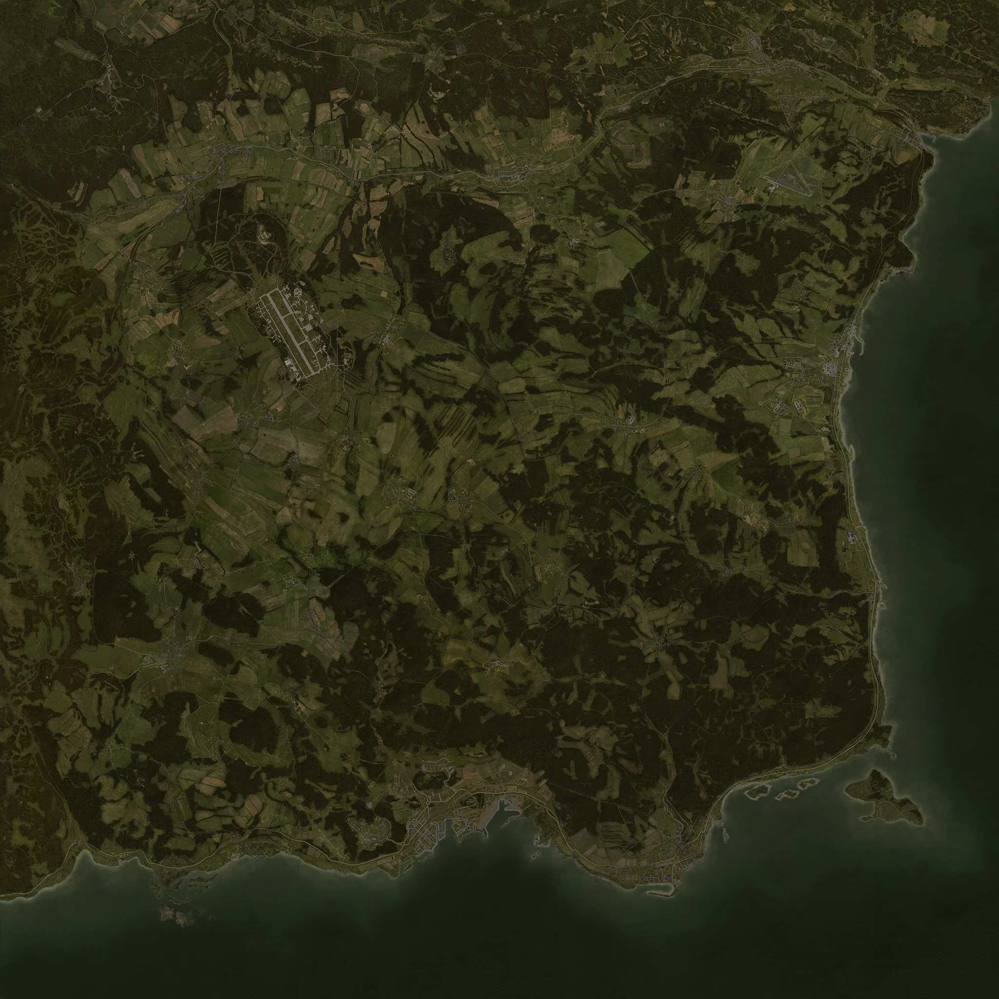 Satellite reference of Chernarus, with the sea along the southern and eastern coasts
