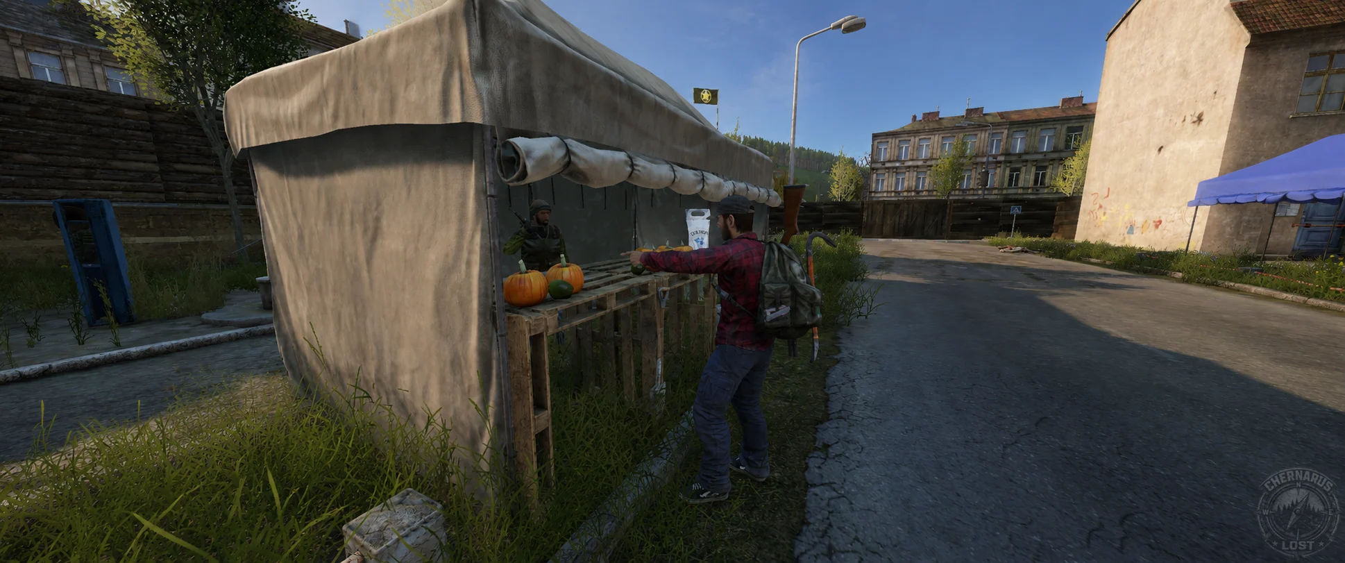 A survivor at an outdoor trader stall beside village buildings.